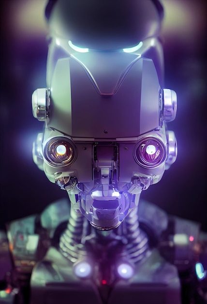 Gros plan féminin cyborg robot illuminé par la lumière Illustration 3D de fond d'intelligence artificielle Scifi