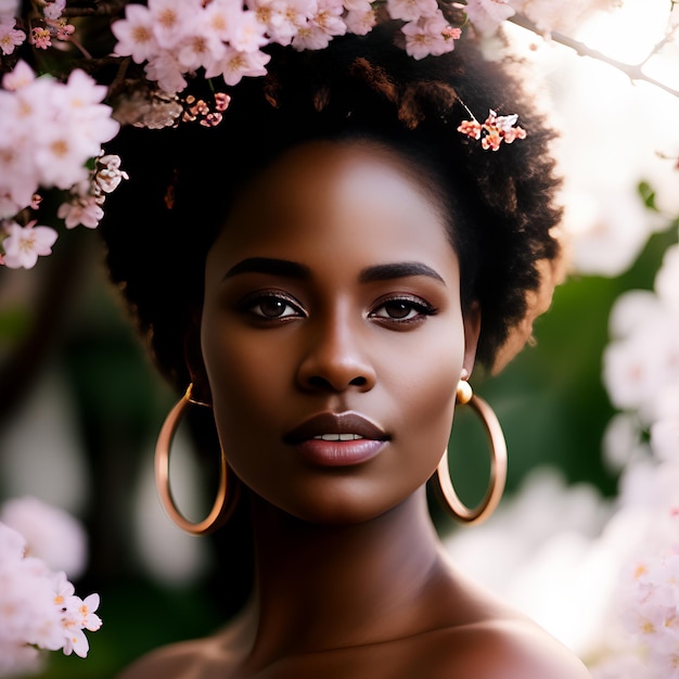 Gros plan d'une femme africaine portant des boucles d'oreilles en or avec des cerisiers en fleurs