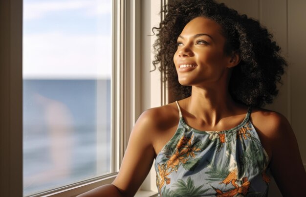 Gros plan d'une femme afro-américaine contemplant une scène d'été depuis sa fenêtre