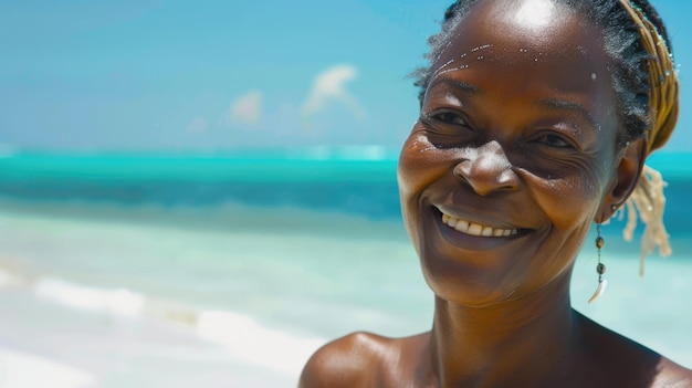 Un gros plan d'une femme afro-américaine mature souriante qui se promène sur la plage.