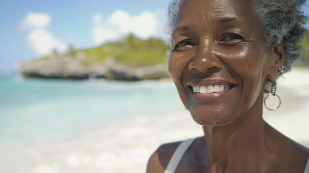 Un gros plan d'une femme afro-américaine mature souriante qui se promène sur la plage.