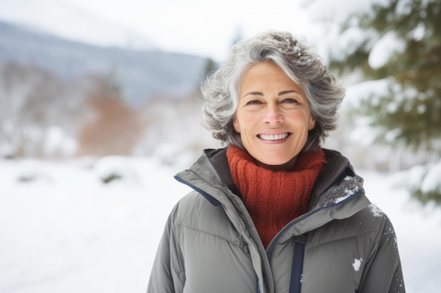 Gros plan d'une femme âgée contemplant une scène d'hiver depuis sa fenêtre