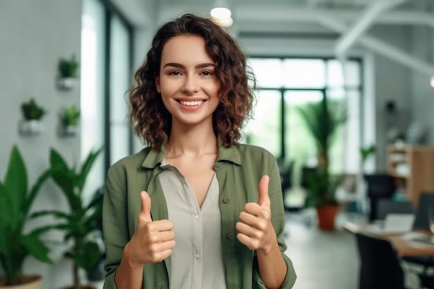 Gros plan d'une femme au travail souriant avec un pouce vers le haut