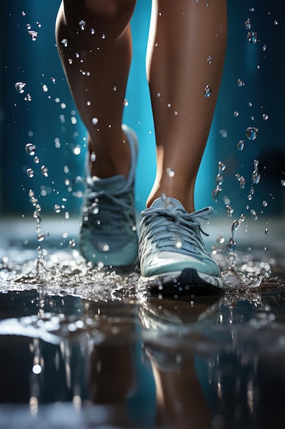 Gros plan d'une femme en baskets marchant dans des flaques d'eau éclaboussant de l'eau tout en courant dans une rue
