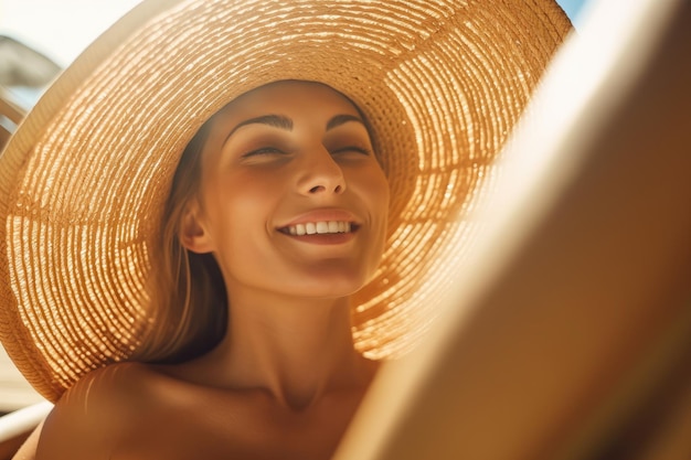 Un gros plan d'une femme en bikini allongée confortablement sur une chaise longue sur la plage au soleil chaud.