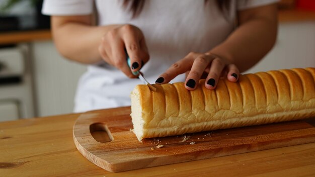 Gros plan d'une femme coupant du pain sur une planche en bois dans la cuisine