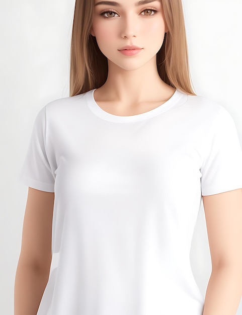 Gros plan d'une femme dans une maquette de t-shirt blanc vierge