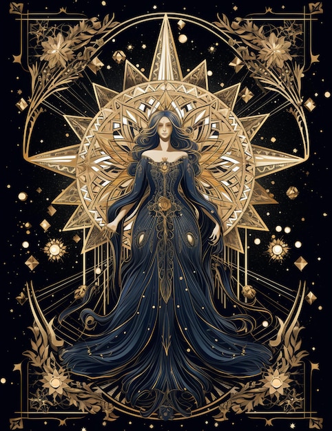 Photo un gros plan d'une femme dans une robe bleue avec une étoile en arrière-plan