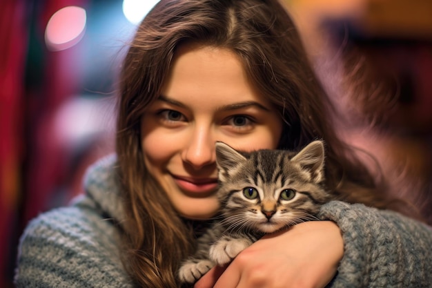 Un gros plan d'une femme avec un doux sourire berçant un chat nouvellement adopté dans ses bras dans un refuge pour animaux Generative AI