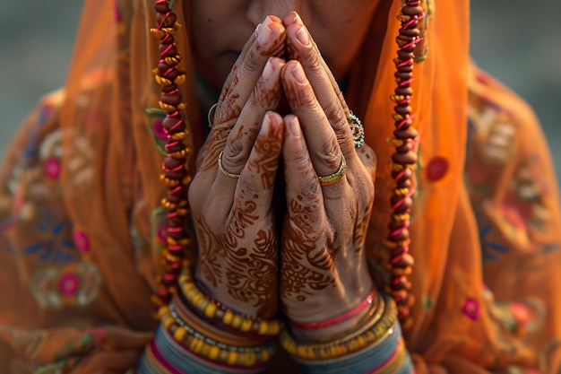 gros plan d'une femme indienne priant à l'arrière-plan de style bokeh