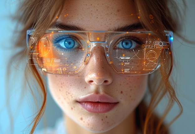 gros plan d'une femme en lunettes avec un écran virtuel