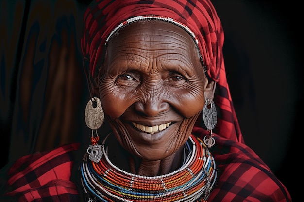 gros plan d'une femme Masai africaine vêtue d'une robe à carreaux rouges