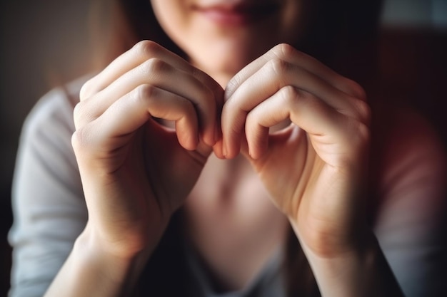 Gros plan d'une femme méconnaissable faisant une forme de coeur avec ses mains