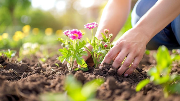 gros plan d'une femme plantant des fleurs dans un parterre de fleurs