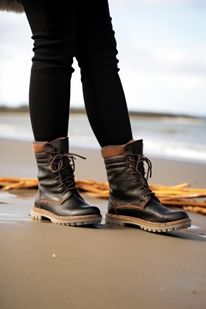 Un gros plan d'une femme portant des bottes tout en se tenant près de la plage créé avec générative ai