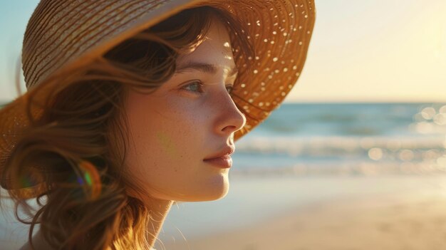 Un gros plan d'une femme portant un chapeau de paille sur la plage