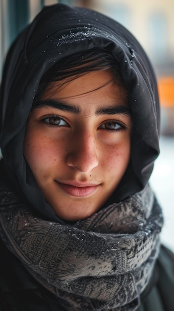 Un gros plan d'une femme portant un foulard et une veste