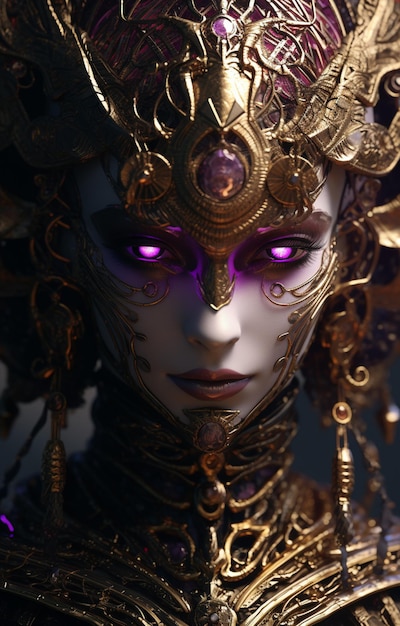 un gros plan d'une femme portant un masque doré et violet