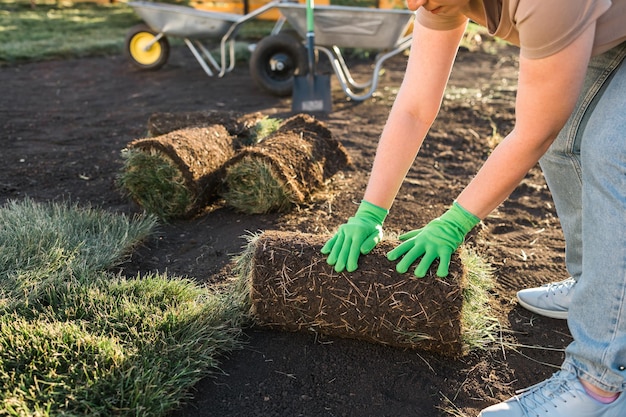 Gros plan femme pose de gazon pour le nouveau concept de pose de pelouse de jardin