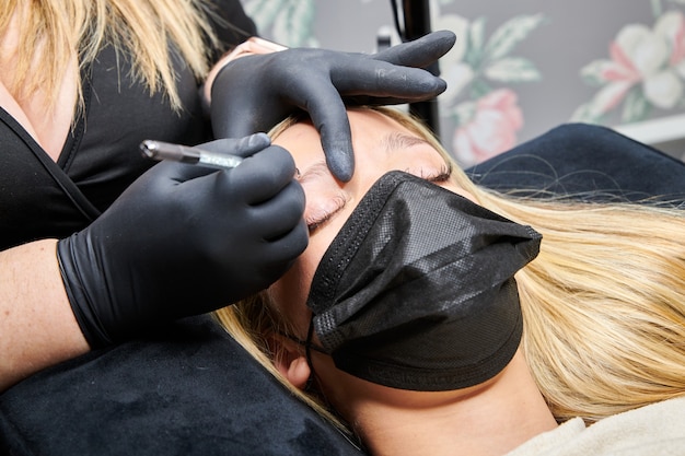 Gros plan d'une femme qui se fait réparer les sourcils par un maquilleur professionnel