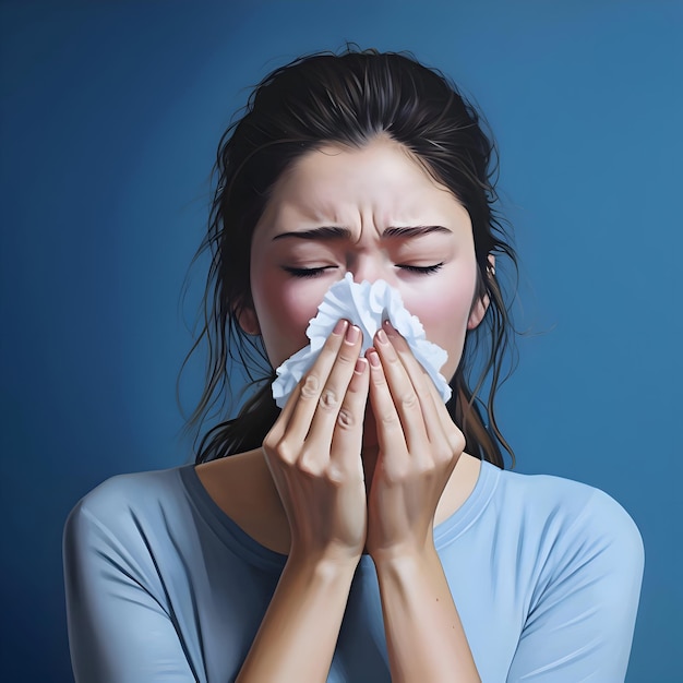 Gros plan d'une femme qui se mouche sur fond bleu haute résolution