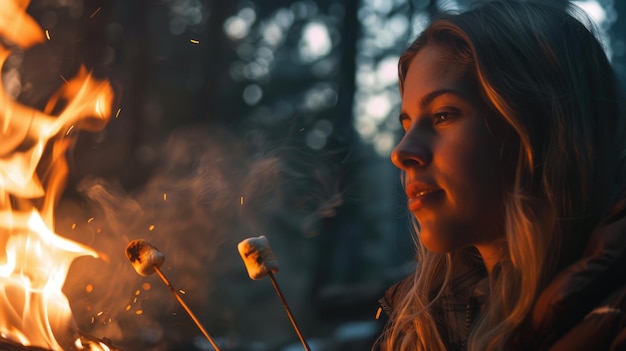 Un gros plan d'une femme regardant un feu.