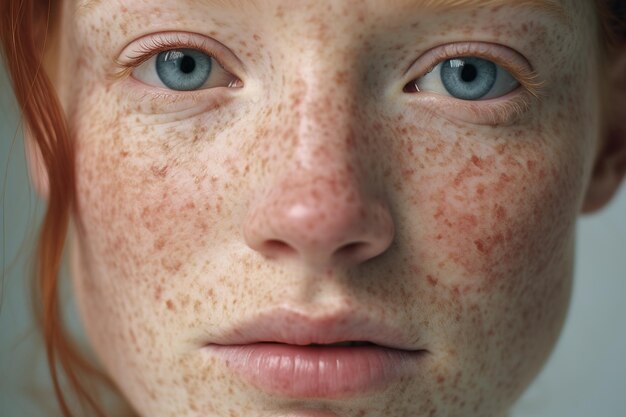 un gros plan d'une femme avec des taches de rousseur couperose rougeur de la peau