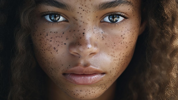 Photo un gros plan d'une femme avec des taches de rousseur sur le visage