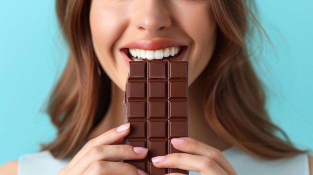 Un gros plan d'une femme tenant une barre de chocolat dans ses mains