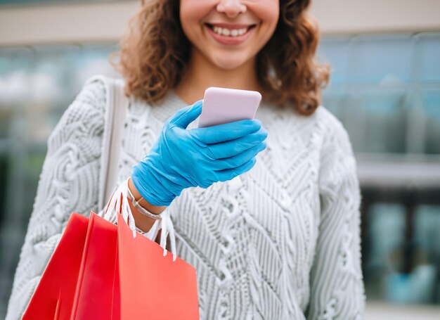 Gros plan d'une femme tenant un sac de courses avec des gants