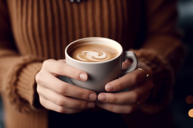 Gros plan d'une femme tenant une tasse de café au lait