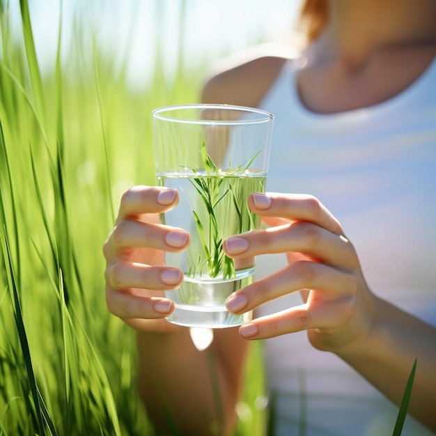 Gros plan d'une femme tenant un verre d'eau avec une plante à l'intérieur dans un champ d'herbe verte