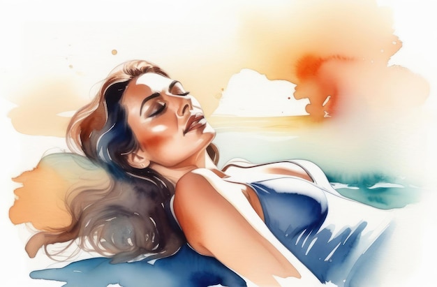 gros plan sur une femme en train de bronzer sur la plage en bikini illustration aquarelle loisirs d'été