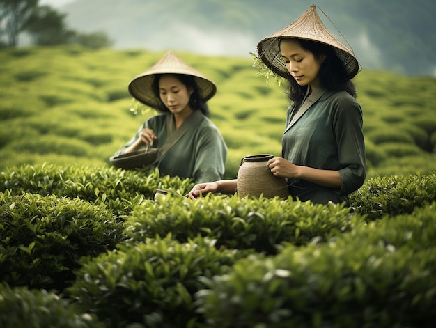 gros plan d'une femme vietnamienne cueillant des feuilles de thé générées par ai