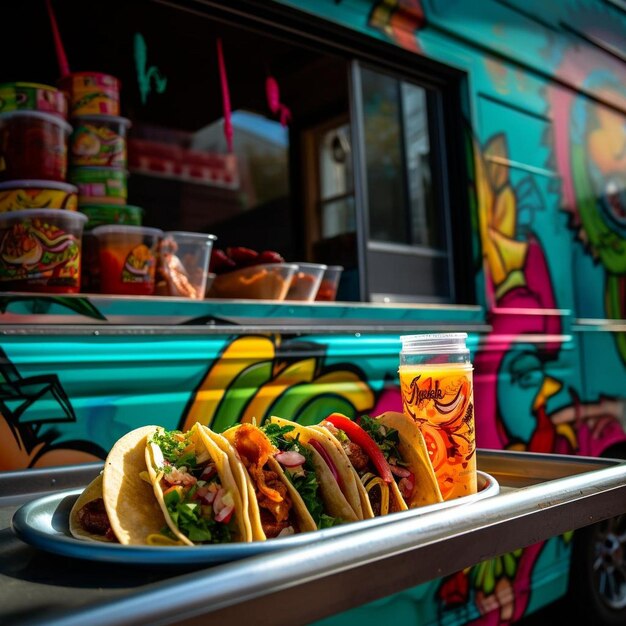 Photo un gros plan d'une fenêtre de camion de tacos avec un coloré