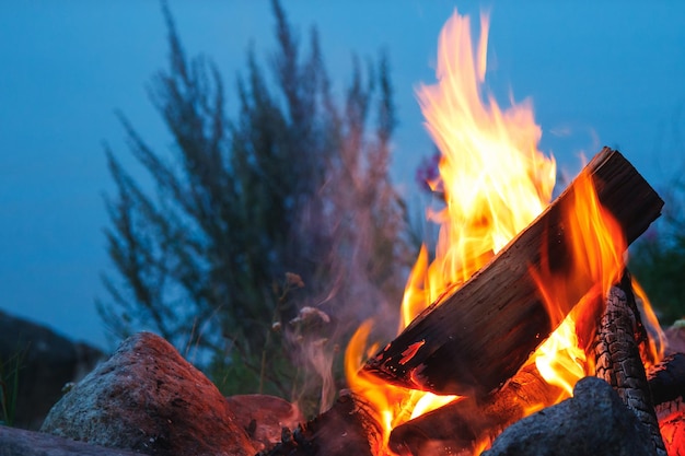 Gros plan d'un feu de camp extérieur brûlant vivement le soir