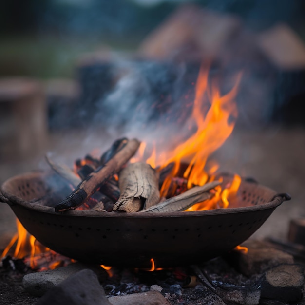 Gros plan d'un feu dans un pot rustique sur un feu de camp