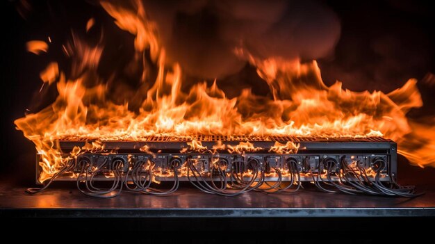 un gros plan d'un feu qui brûle à l'intérieur d'un gril