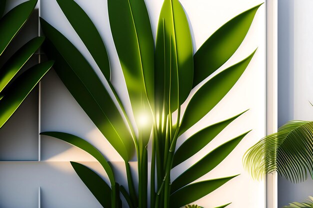 Gros plan d'un feuillage doux et magnifique, tacheté de lumière du soleil de l'ombre des feuilles d'arbres de bambou tropicaux sur blanc