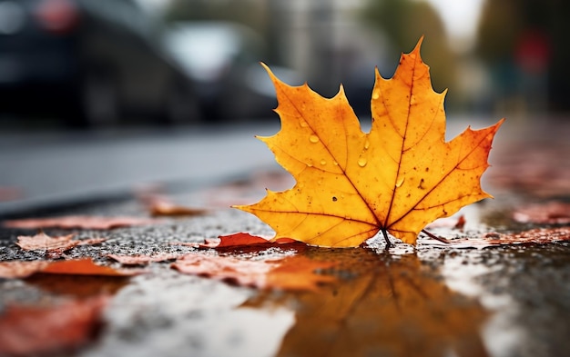 Gros plan d'une feuille d'érable d'automne sur fond de route trempée par la pluie IA générative