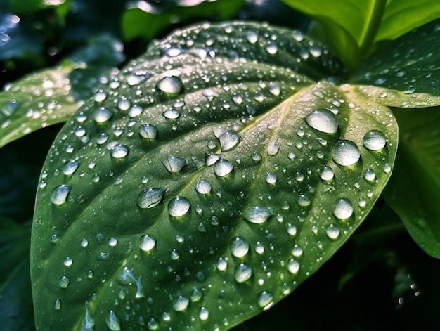 Un gros plan d'une feuille avec des gouttelettes d'eau dessus IA générative