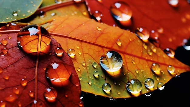 Un gros plan d'une feuille avec des gouttes d'eau dessus