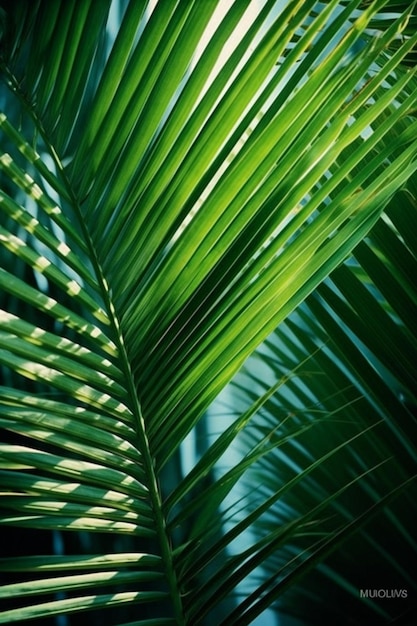 un gros plan d'une feuille de palmier avec un fond vert vif ai générative