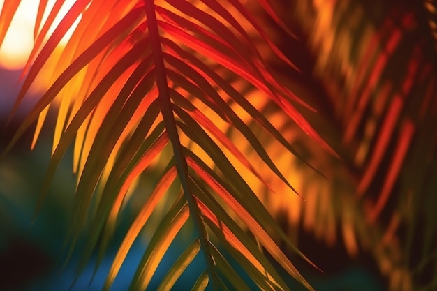 Gros plan d'une feuille de palmier avec le soleil qui brille à travers