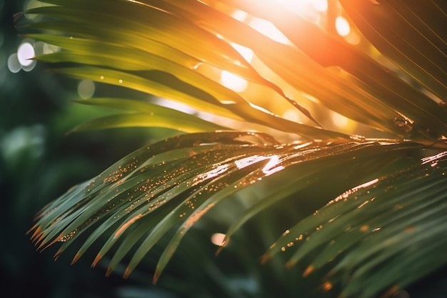 Gros plan d'une feuille de palmier avec le soleil qui brille