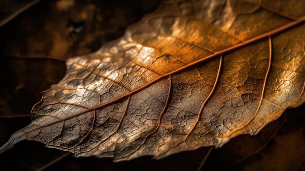 Un gros plan d'une feuille avec le soleil qui brille dessus