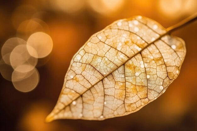 Gros plan sur une feuille squelettée blanche sur fond doré avec bokeh rond AI générative