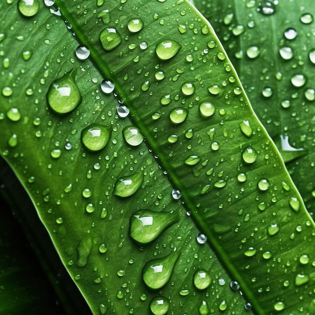 Un gros plan d'une feuille verte avec des gouttelettes d'eau dessus