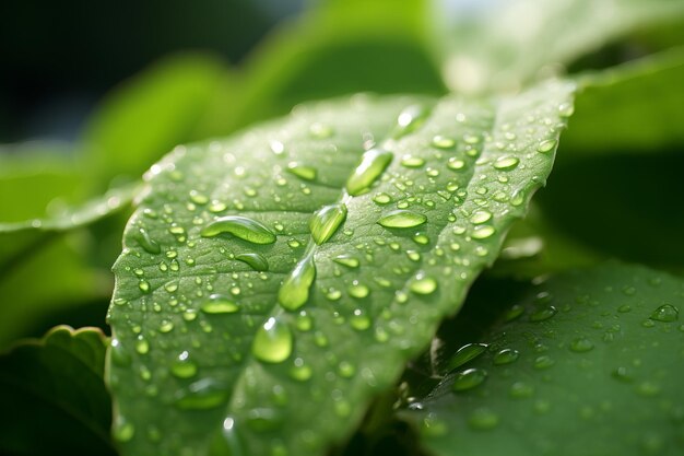 un gros plan d'une feuille verte avec des gouttelettes d'eau dessus