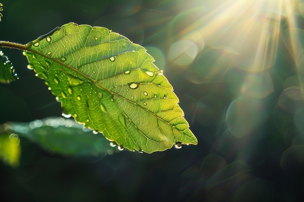 Un gros plan d'une feuille verte avec des gouttelettes d'eau sous la lumière du soleil mettant en évidence les motifs complexes et l'apparence fraîche du feuillage